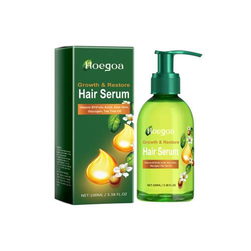 Hoegoa hair serum in green pump bottle and matching box, tea tree oil