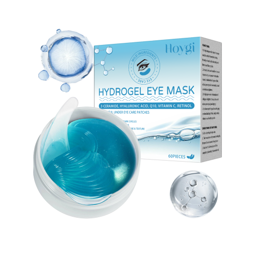 Hydrogel eye mask patches set in box with blue gel pads and droplets