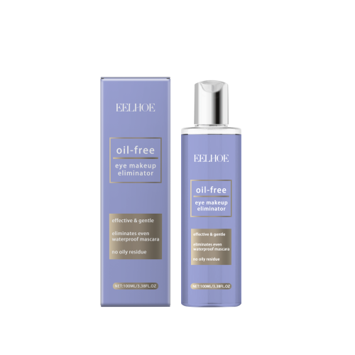 Oil-free eye makeup remover bottle, clear blue liquid, silver cap and nozzle
