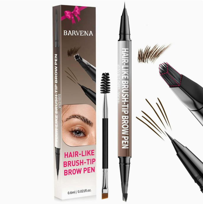 BARVENA dual-ended eyebrow pencil with spoolie brush and brush-tip applicator, brown strokes