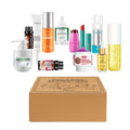 Skincare gift box with assorted bottles and jars, shown in a brown box