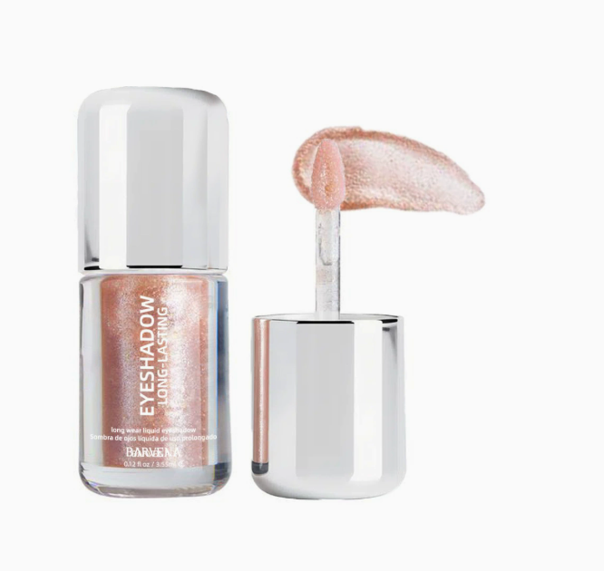Liquid eyeshadow bottle with doe-foot applicator, rose shimmer swatch