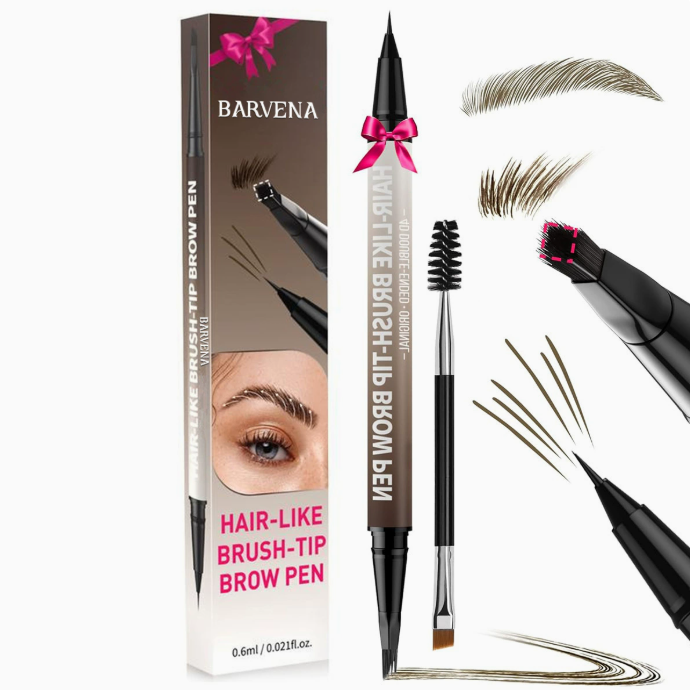 BARVENA dual-ended eyebrow pencil with spoolie brush and brush-tip applicator, light-brown strokes
