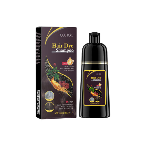 EELHOE hair dye shampoo bottle with matching product box, dark brown/black bottle