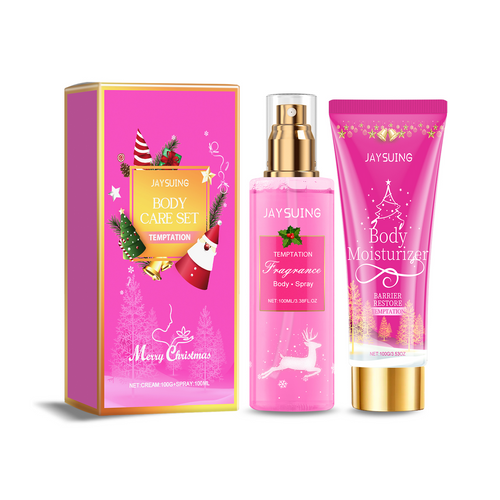 Christmas body care set with deodorant spray and body lotion, pink gift box.