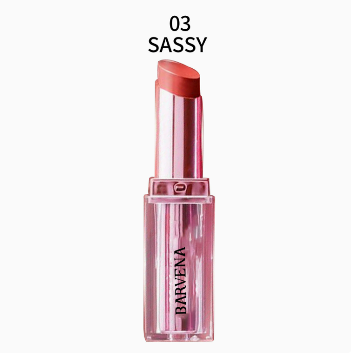 Pearl lipstick tube, SASSY shade, warm coral-red lipstick with clear cap