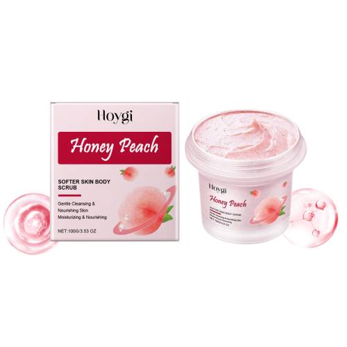 Hoygi body scrub in Honey Peach scent, pink cream in jar and box