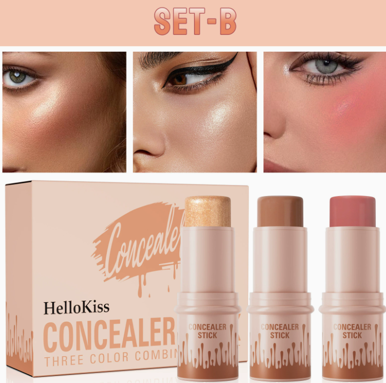 HelloKiss 3-in-1 concealer stick set, Set-B with three sculpting shades