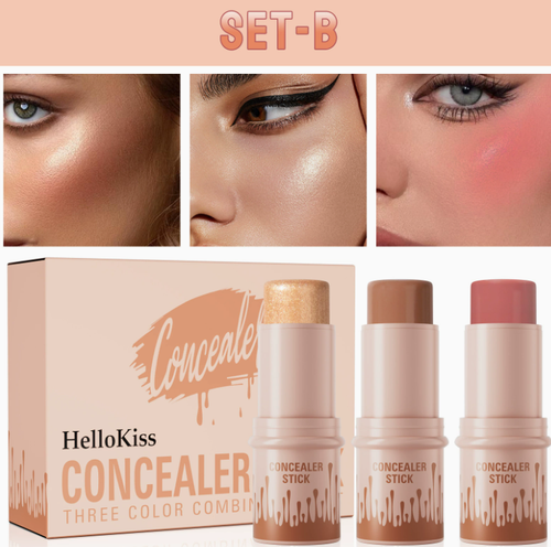 3-in-1 contouring stick set with three sticks and box, warm brown and blush tones