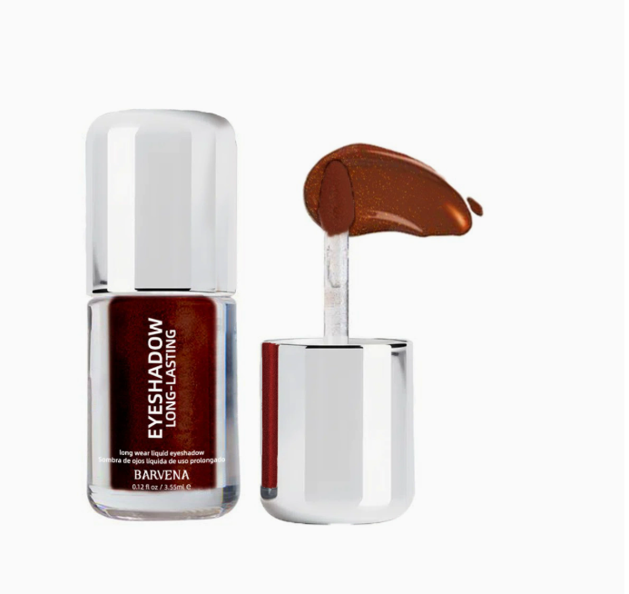 Liquid eyeshadow bottle with doe-foot applicator, warm brown shimmer swatch
