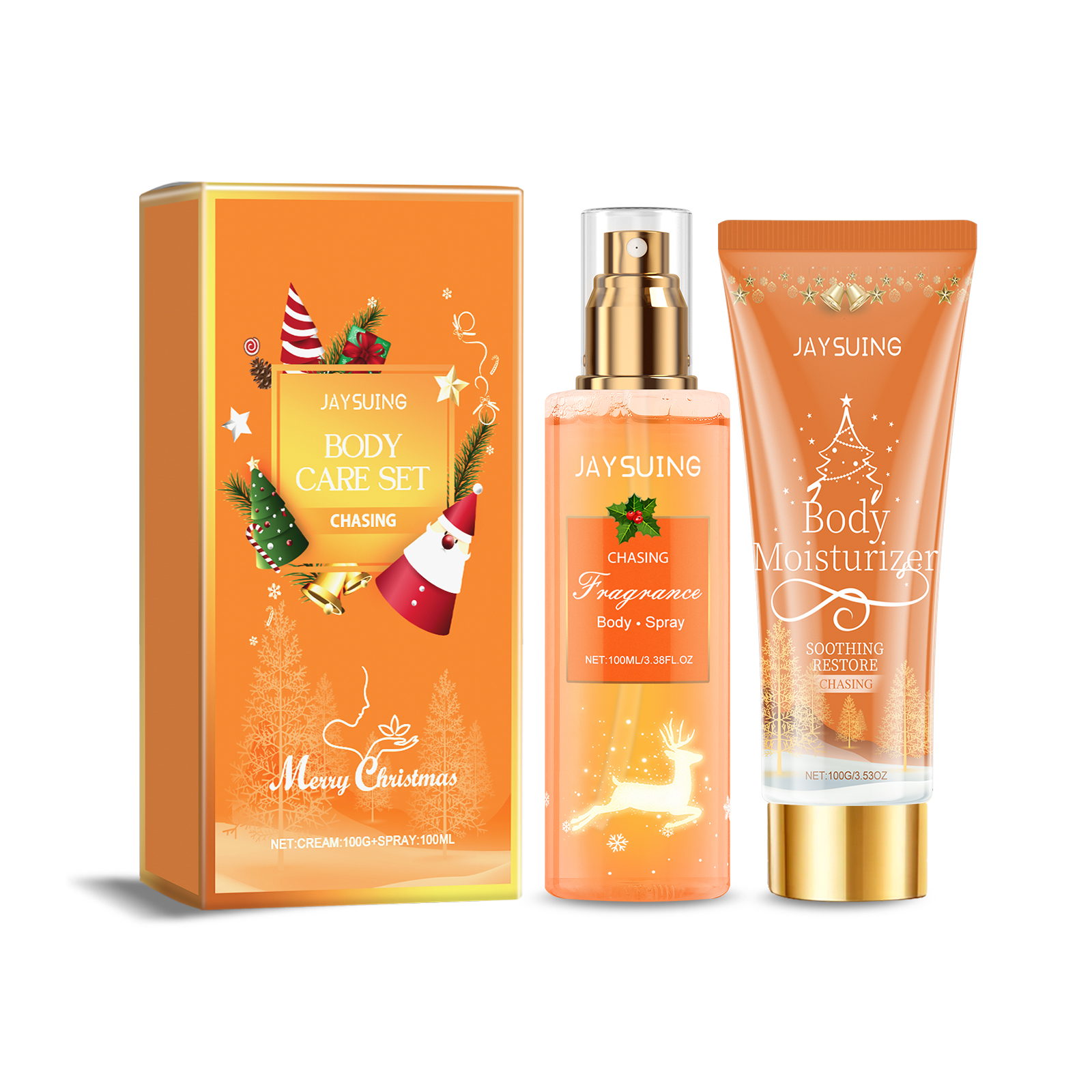 Christmas body care set: JAYSUING body spray and body moisturizer, orange packaging