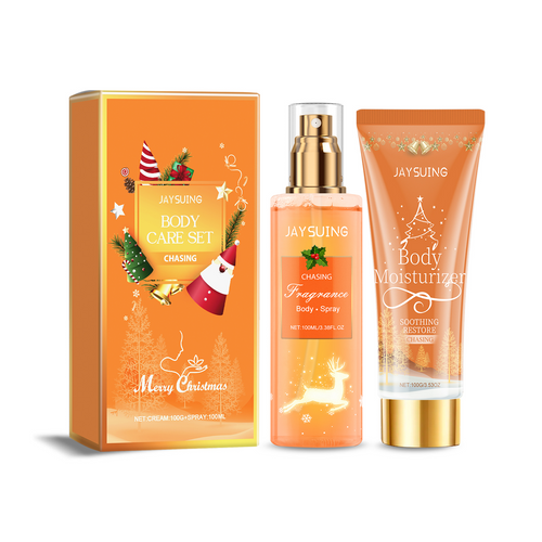 Christmas body care set with deodorant spray and body lotion, orange gift box.