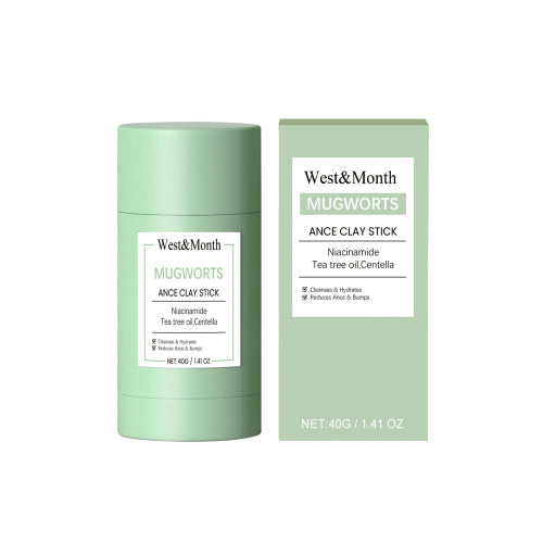 Mint green clay stick skincare container with front label, cylindrical tube