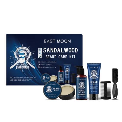 East Moon sandalwood men's beard care kit with bottles, balm, brush and comb