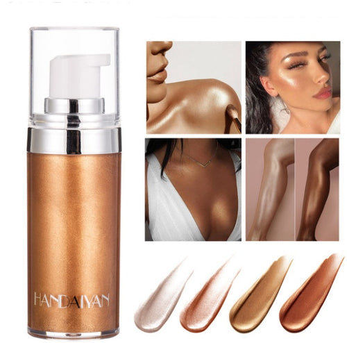 Shimmer body highlighter pump bottle with gold-toned luminous cream in clear display