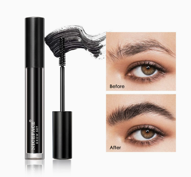 Waterproof black eyebrow gel with applicator brush and tube for styling brows