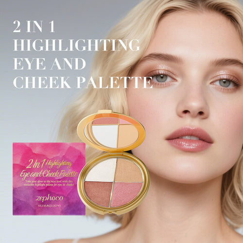 Eye and cheek highlighting palette compact, open with four shimmer pans: white, tan, brown, pink
