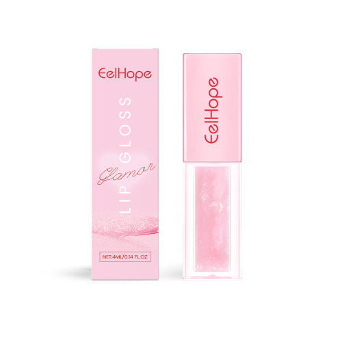 EelHope lip gloss in clear pink tube with pink cap, shown with boxed packaging