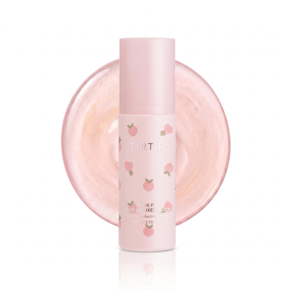 TIRTIR Makeup Fixer bottle, peach-pink spray cap and heart-pattern label, 80ml