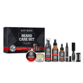 Men's beard care set with box, balm tin, bottles, dropper, comb and brush