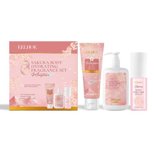 Pink sakura body care set with boxed kit and spray, lotion and cream bottles