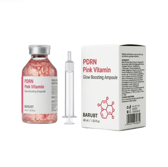 BARUBT PRDRN Pink Vitamin glow-boosting serum ampoule set: bottle, dropper, box
