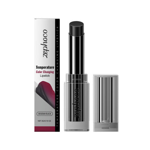 Zephoco Obsidian warming lip balm tube with black cap and silver base, shown with box