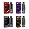 Hair dye shampoo set with red, purple, black, and brown bottles and boxes