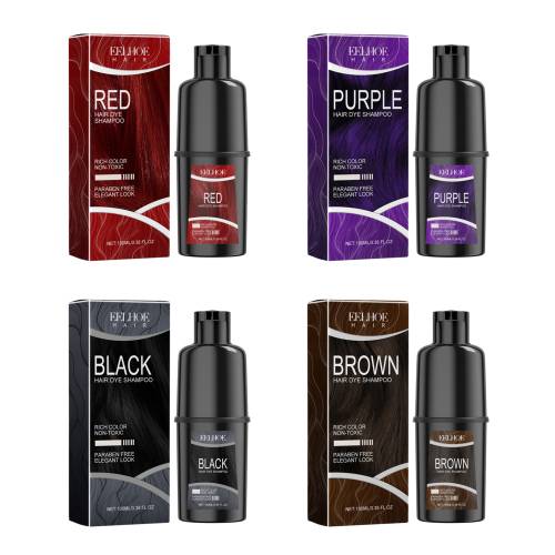 Hair dye shampoo set with red, purple, black, and brown bottles and boxes