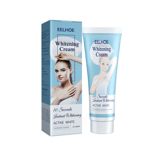 Whitening cream tube and box, light blue and white with a white screw cap