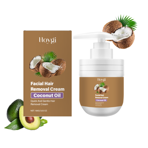 Facial hair removal cream jar with coconut oil label and pump