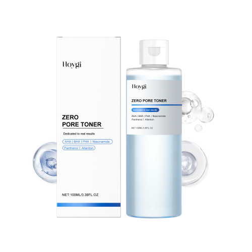 Hoygi toner bottle and box, Zero Pore formula, transparent blue liquid