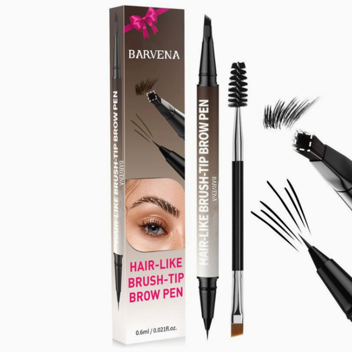 BARVENA dual-ended eyebrow pencil with spoolie brush and brush-tip applicator, dark-brown swatches