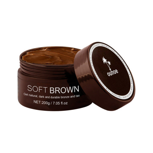 OUHOE Soft Brown tanning cream jar with dark brown lid and opened top, 200 g
