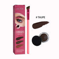 Eyebrow cream brush set in taupe: angled brush and small jar, dark brown shade