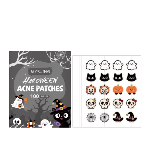 Jaysuing Halloween acne patches pack with cute ghost, skull, pumpkin and cat designs