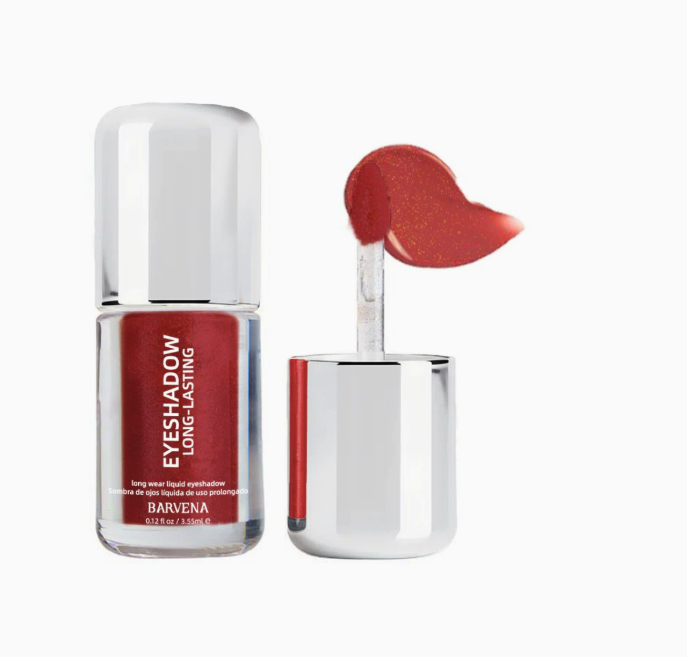 Liquid eyeshadow bottle with doe-foot applicator, deep red shimmer swatch