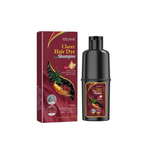 Burgundy hair dye shampoo bottle with matching box, front label visible