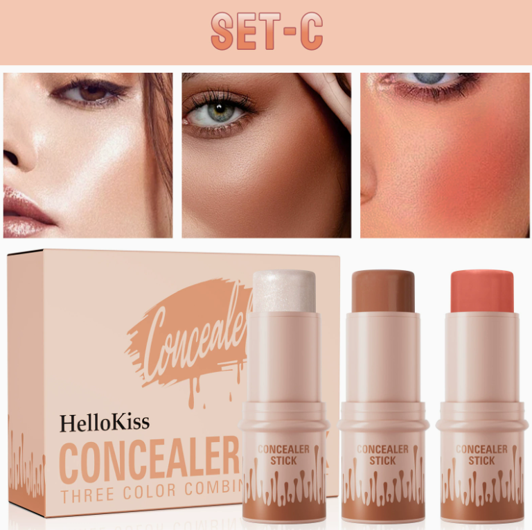 HelloKiss 3-in-1 concealer stick set, Set-C with three contouring shades