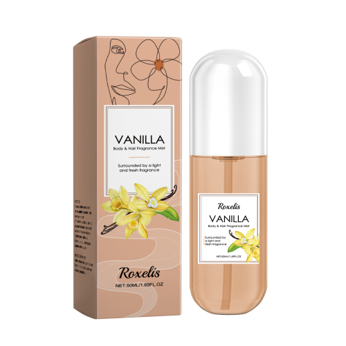 Vanilla body & hair fragrance mist spray bottle with rose-gold label