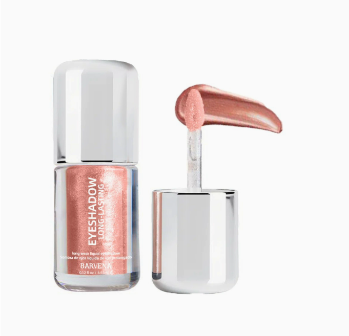 Liquid eyeshadow bottle with doe-foot applicator, rosy pink shimmer swatch