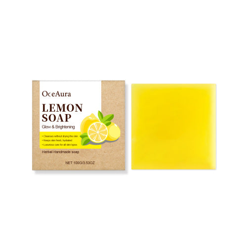 Yellow lemon herbal soap bar with cardboard box packaging