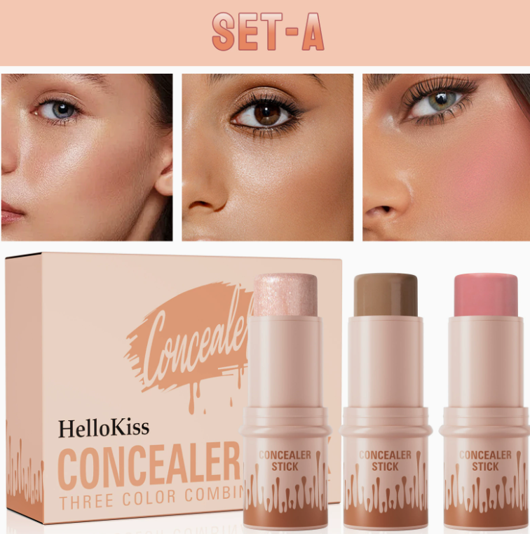 HelloKiss 3-in-1 concealer stick set, Set-A with three highlighting shades