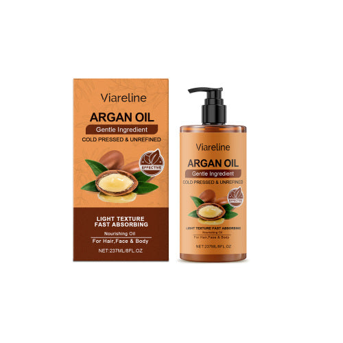 Argan oil essential oil bottle with pump and matching product box, light amber color