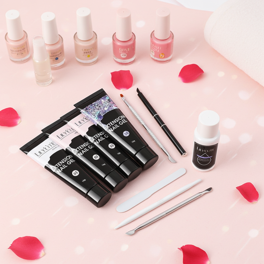 Nail extension gel kit set with gel bottles, nail tools, and nail tips tray.