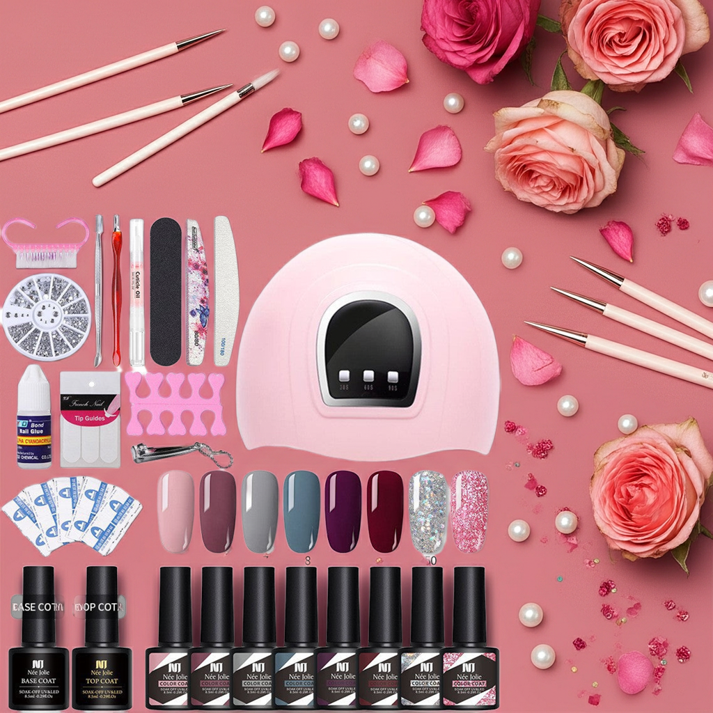 UV/LED gel nail kit set with pink lamp, nail tools, swatches, base and top coat bottles