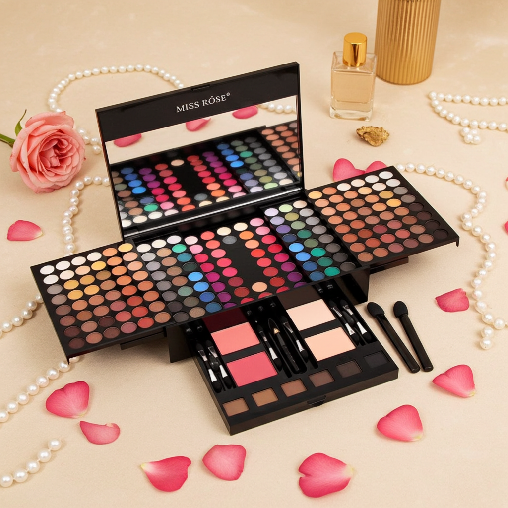 Eye shadow and blush palette set with mirror, brushes, and colorful pressed powder pans