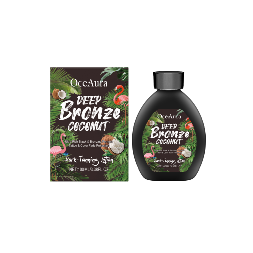 Coconut tanning bronzer lotion bottle with dark bronze label, plus product box.