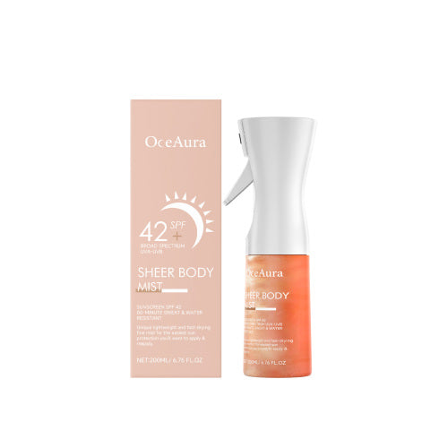 OceAura sheer body mist spray bottle with peach box, SPF 42+ label