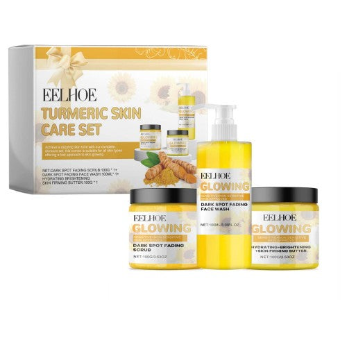 Turmeric skin care set with EELHOE bottles and jar, plus box packaging